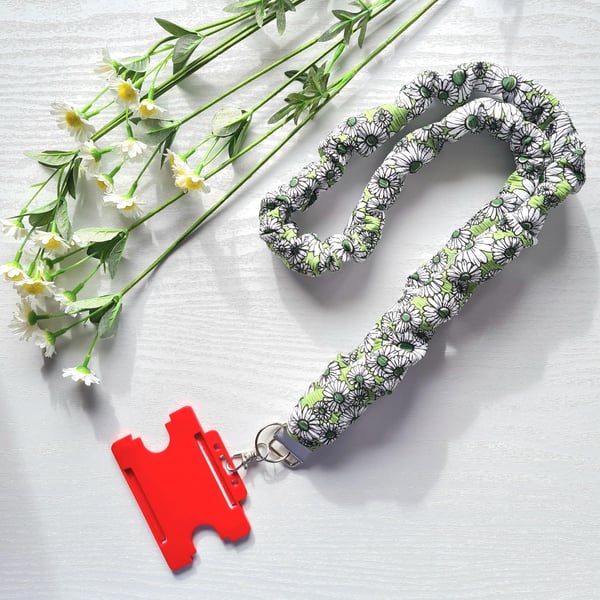 Handmade Scrunchie Lanyard Green & White Daisies Soft Cotton ID Badge Holder