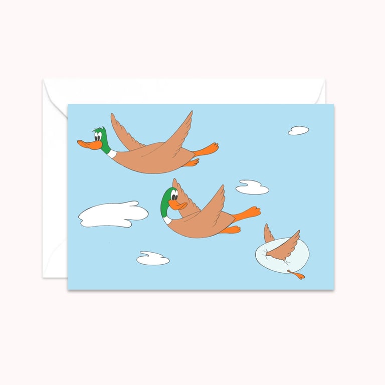 Flying Ducks Greeting Card: Hand Drawn Cartoon (201)