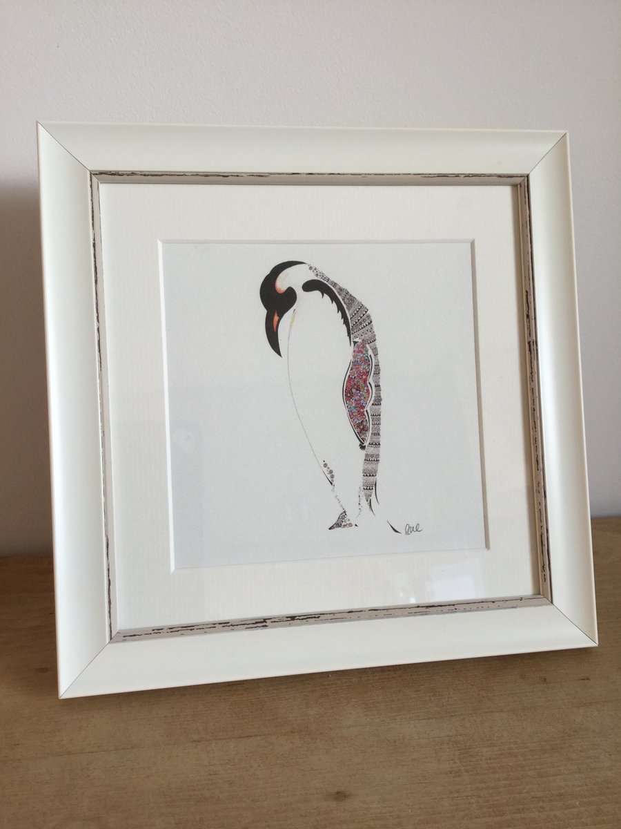 Beautiful Floral Emperor Penguin 9.5 x 9.5” framed print
