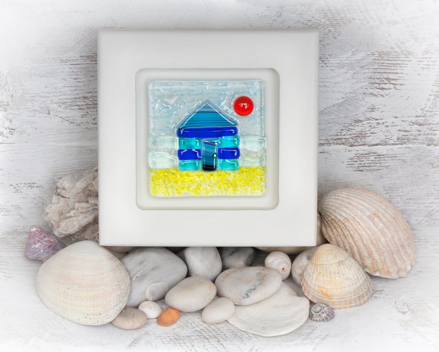 Beach Hut Fused Glass Picture in a White Washed Sycamore Frame