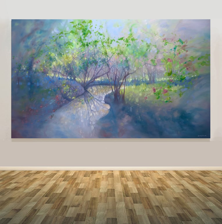 Beltane is a large panoramic oil painting of a woodland glade in spring