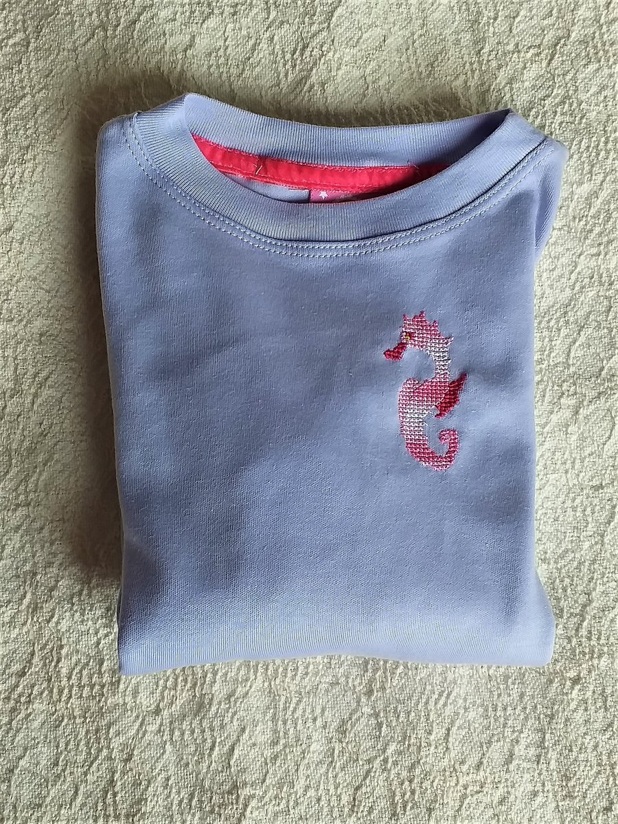Seahorse, Long-sleeve T-shirt, age 6, hand embroidered