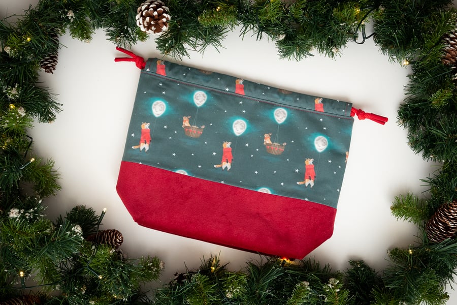 Christmas drawstring project bag with fox and rabbit illustration and red velvet