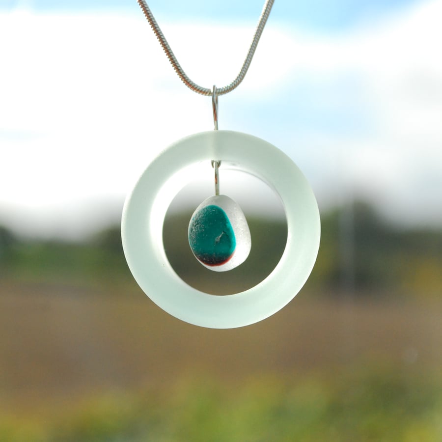 Beach glass ring pendant with tiny Seaham centre