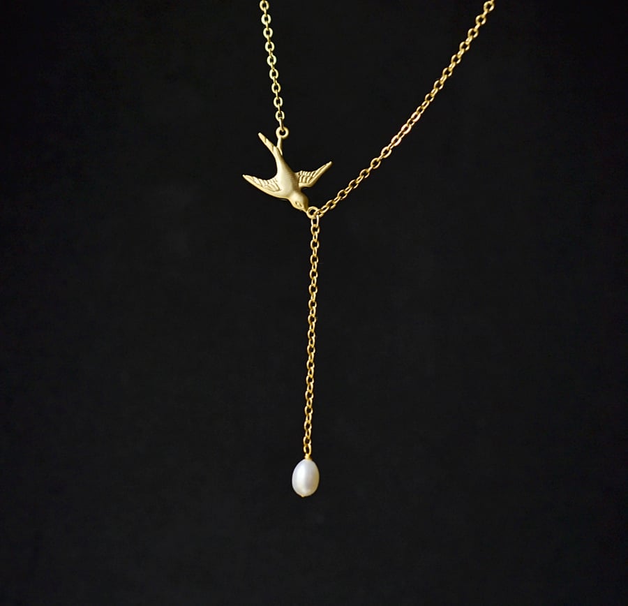 Bird pearl necklace, natural pearl necklace, dangle pearl gold plated necklace