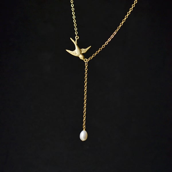 Bird pearl necklace, natural pearl necklace, dangle pearl gold plated necklace