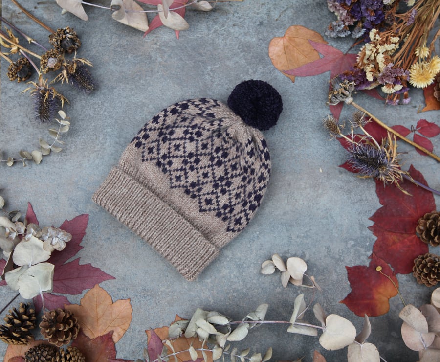 Hand knit wool bobble hat. Beige purple winter fairisle pompom beanie hat. 