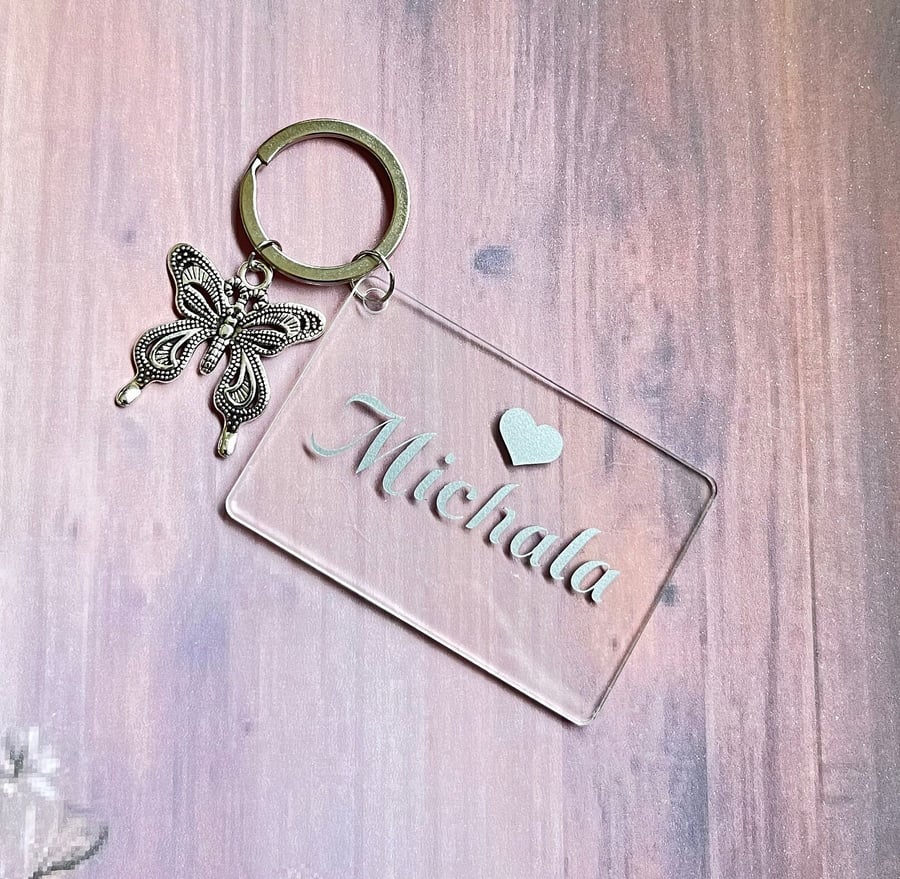 Personalised Acrylic Keyring with Butterfly Charm