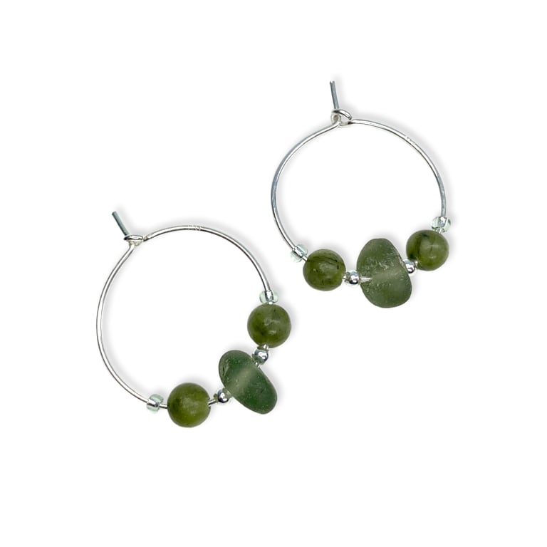 Sea Glass Hoop Earrings. Small Green Sterling Silver Jade Beaded Hoops