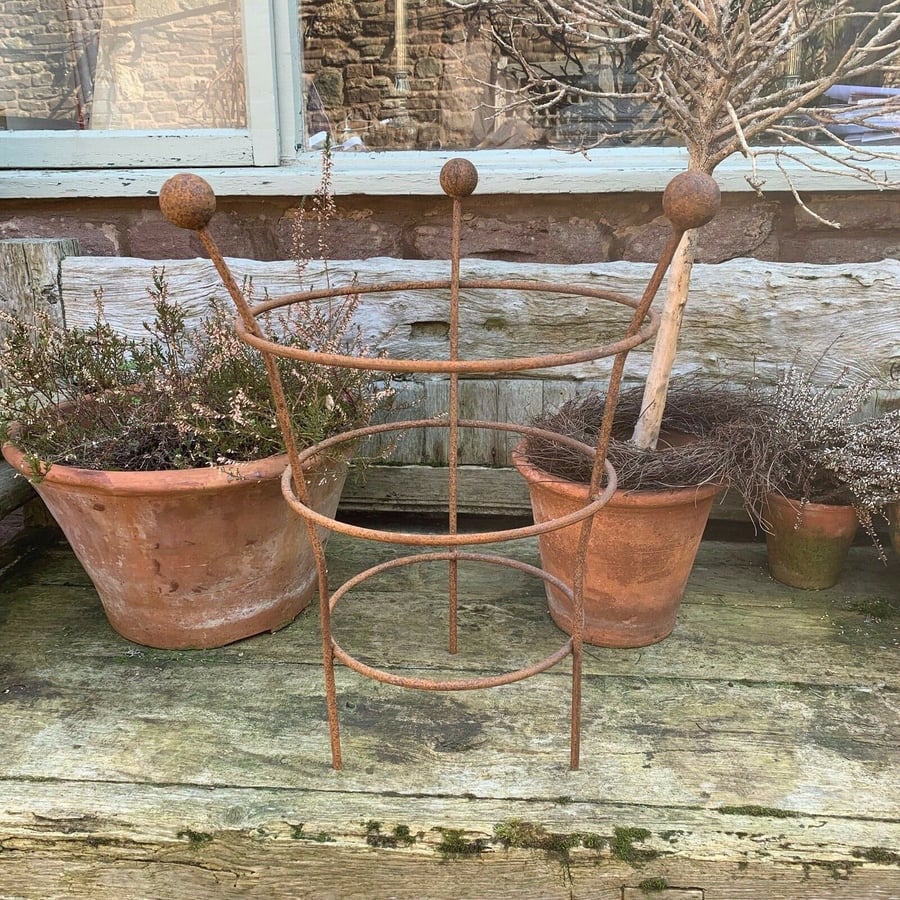 Large Rustic Metal Peony Support, Rusty Garden Ring Cage Herbaceous Frame 114cm