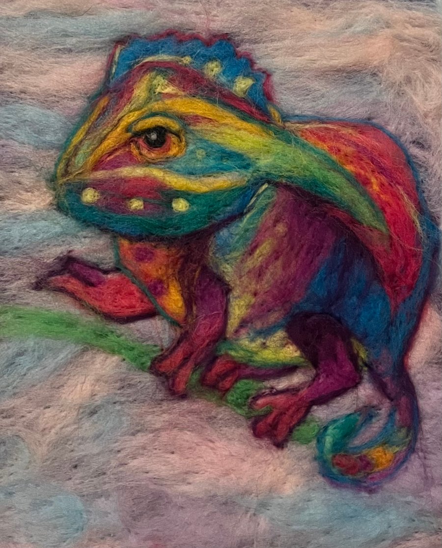 Multicoloured Chameleon Wool Painting needle felt wall art