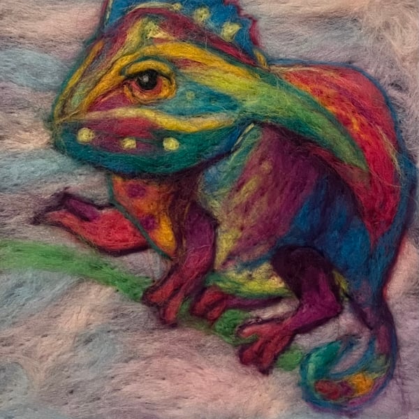 Multicoloured Chameleon Wool Painting needle felt wall art