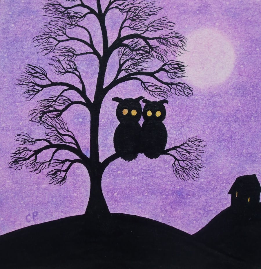 Owl Card, Purple Tree Art Card, Two Owls Moon, Silhouette Card