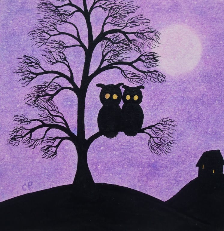Owl Card, Purple Tree Art Card, Two Owls Moon, Silhouette Card