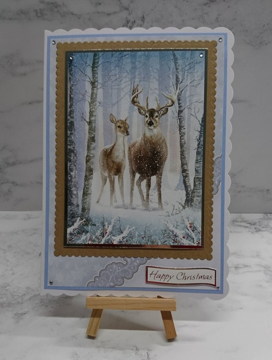 Handmade Christmas Card Majestic Stag and Doe Deer in Forest