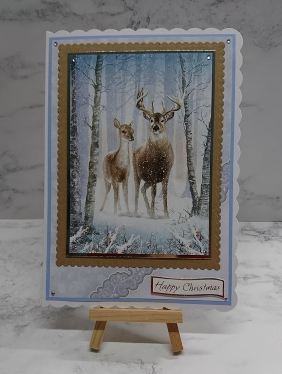 Handmade Christmas Card Majestic Stag and Doe Deer in Forest