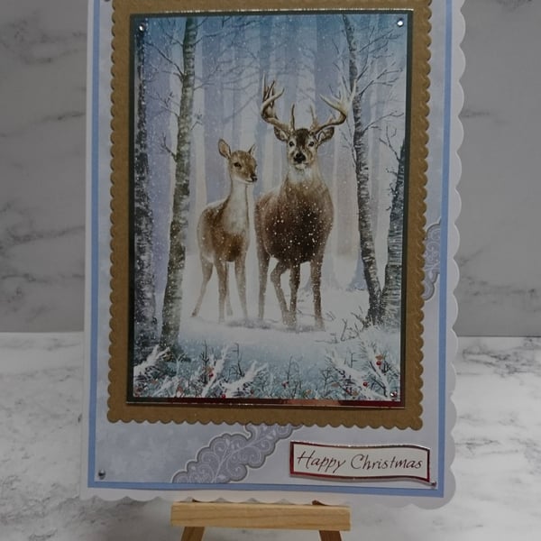 Handmade Christmas Card Majestic Stag and Doe Deer in Forest