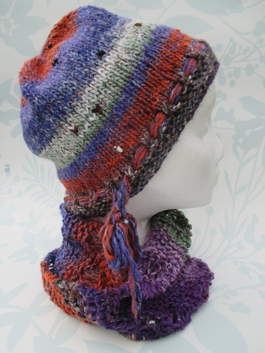 Handknit Noro Hat & Cowl Set. Cotton Silk Wool in Purple, Teracotta, White