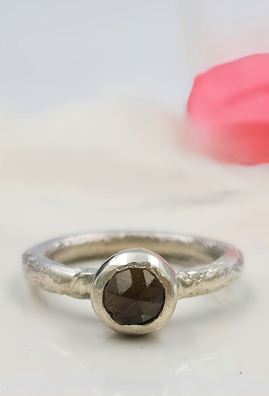 Handmade Sterling Silver Ring, 6mm Brown Zircon, Organic Textured Band - Size I