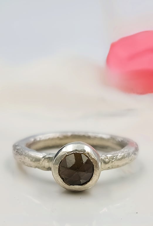 Handmade Sterling Silver Ring, 6mm Brown Zircon, Organic Textured Band - Size I