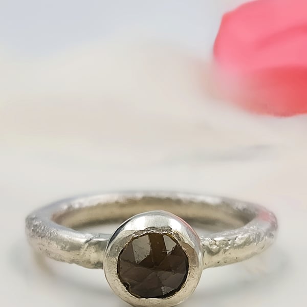 Handmade Sterling Silver Ring, 6mm Brown Zircon, Organic Textured Band - Size I