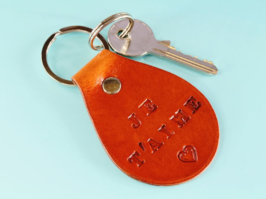 Je T'aime Leather Keyring, Handmade Je Taime Key Fob, Romantic Leather Keychain