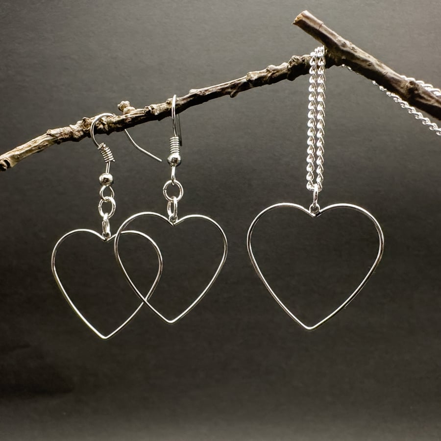 Large Minimalist Open Heart Earrings and Pendant Necklace