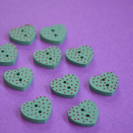 Little Wooden Dotty Heart Buttons Aqua 10pk Spotty Dot Colourful 13x15mm (WH5)