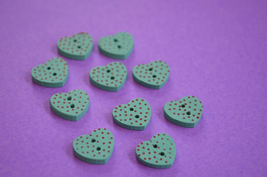 Little Wooden Dotty Heart Buttons Aqua 10pk Spotty Dot Colourful 13x15mm (WH5)