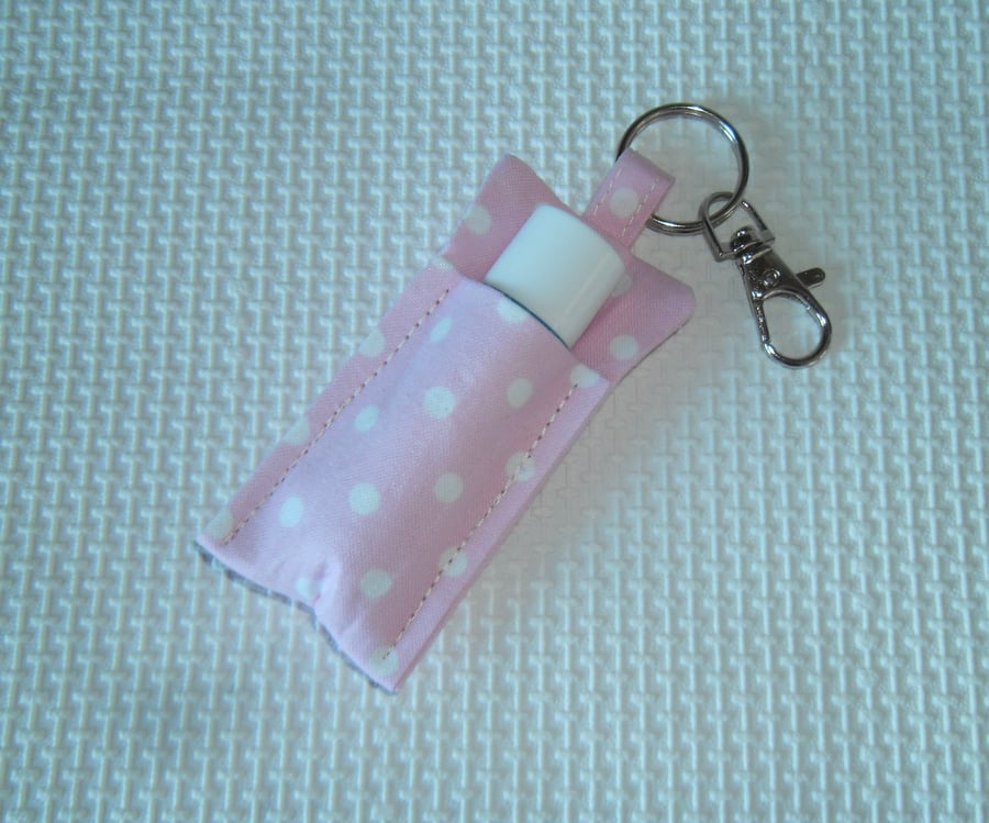 Key ring lip balm holder in pink fabric