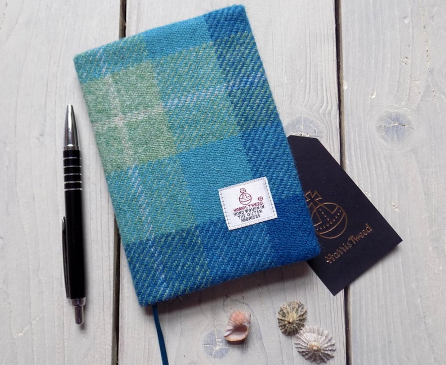 A6 Harris Tweed covered 2020 diary in turquoise tartan. Week to view