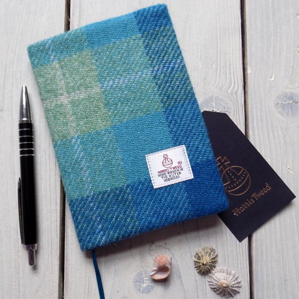 A6 Harris Tweed covered 2020 diary in turquoise tartan. Week to view