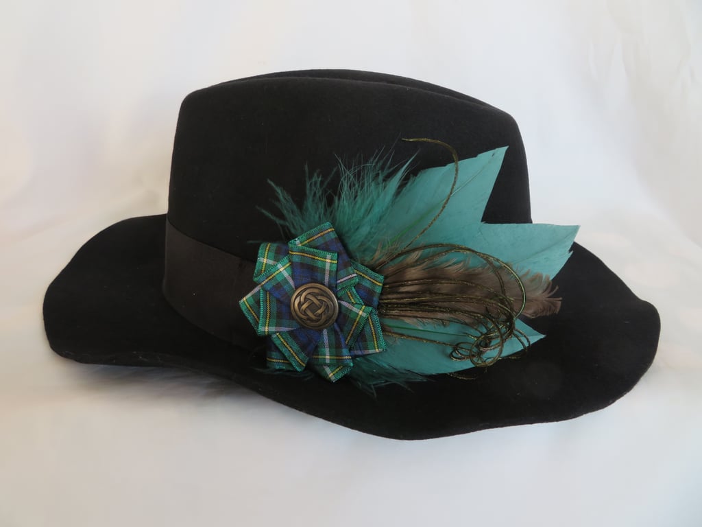 Campbell Tartan Ruffle Celtic Button and Bottle Green Feather Hat Hair Clip