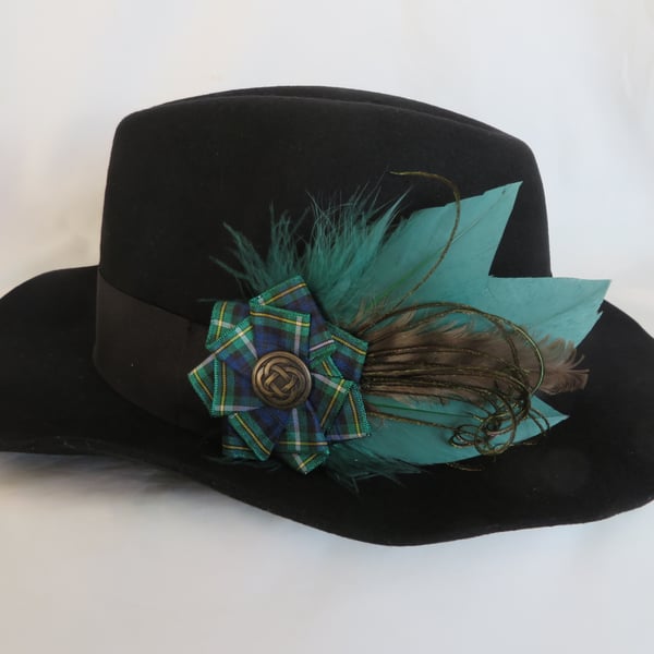 Campbell Tartan Ruffle Celtic Button and Bottle Green Feather Hat Hair Clip