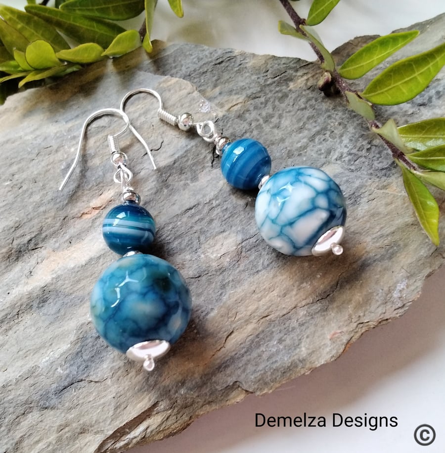 Blue Agate Silver Plated Earrings 