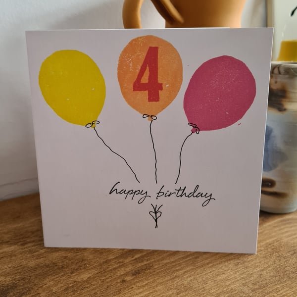 Numbered balloon birthday card handprinted