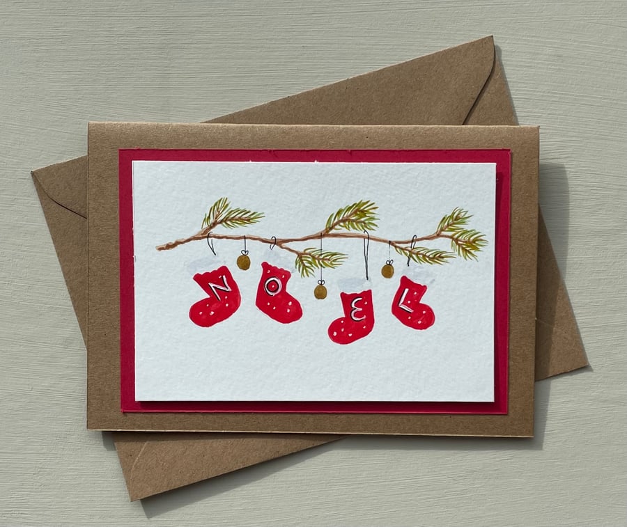 Christmas card, Red stockings that can be personalised with up to 6 letters