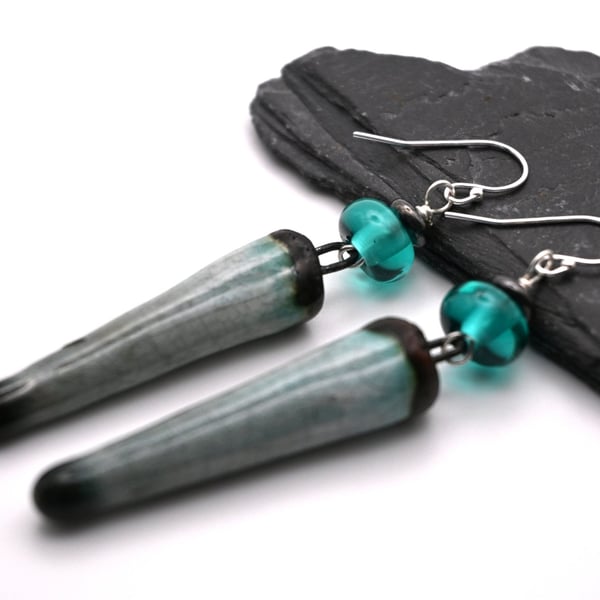 teal lampwork glass and ceramic spike earrings