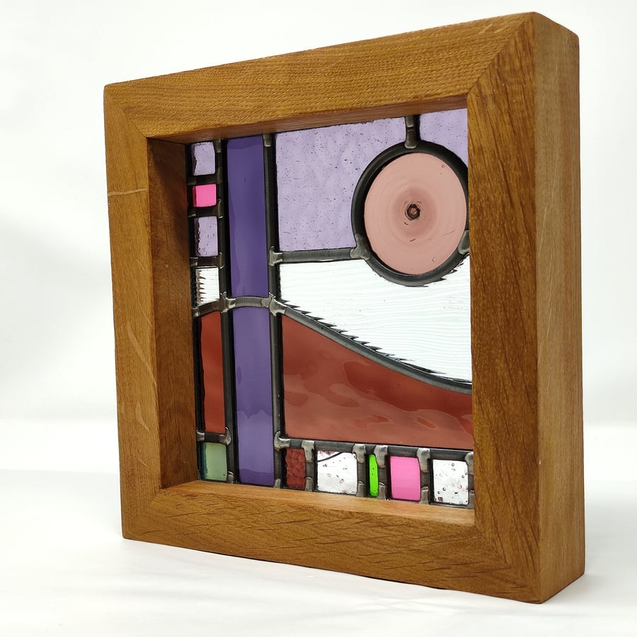 SOLD Oak framed  purple stained glass abstract landscape