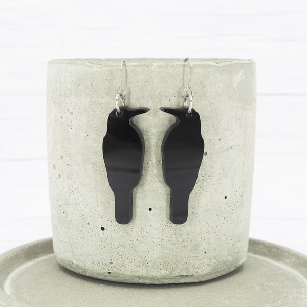 Black crow acrylic dangle earrings, Titanium ear wires, Hypoallergenic