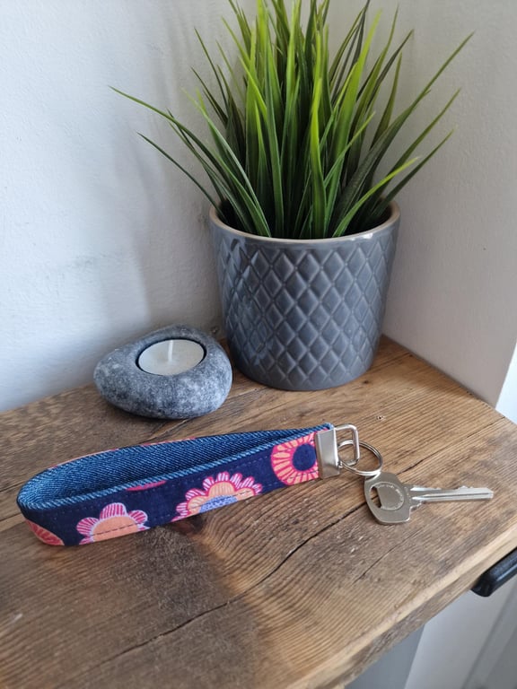 Handmade Pink & Purple Floral Wristlet Keyring - Upcycled Denim