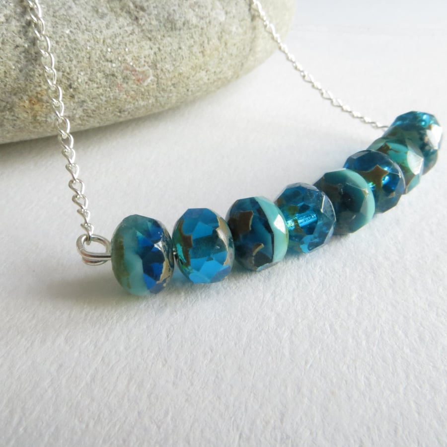 Turquoise and Silver Necklace, Bar Pendant, Blue Glass Beaded Necklace