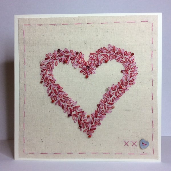 Red beaded Valentine heart hand embroidered card 