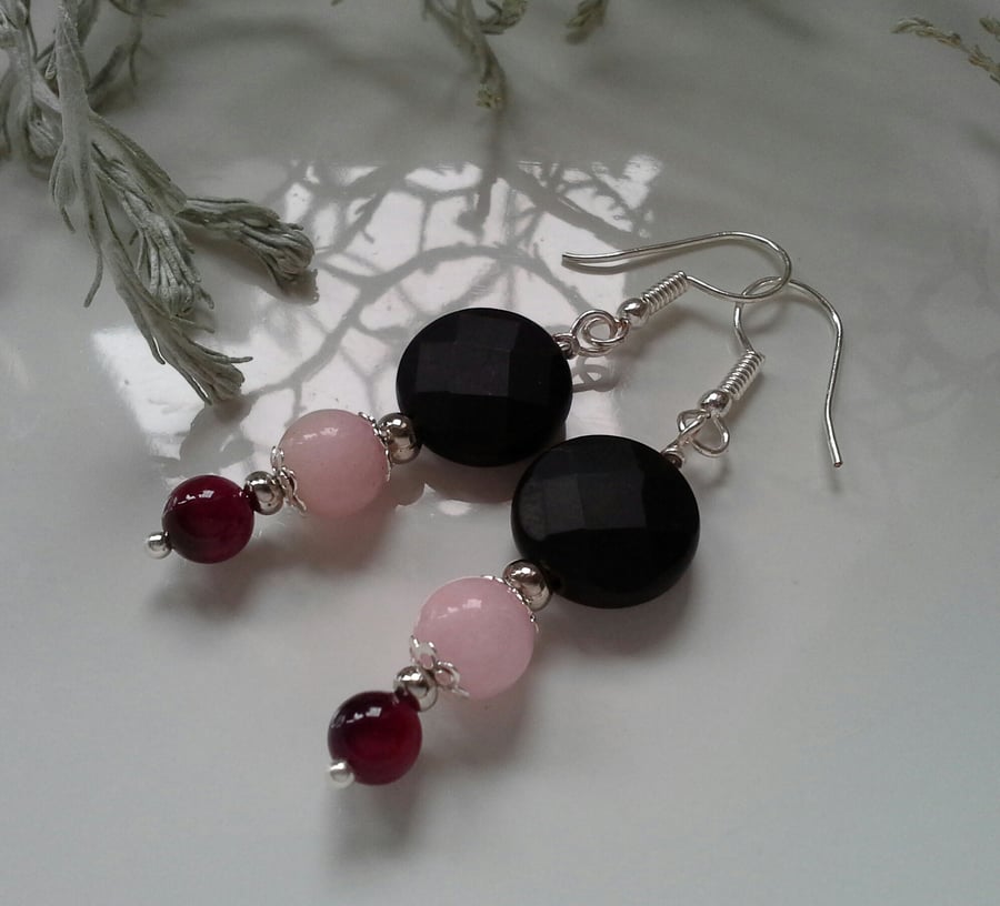 Black Faceted Onyx, Red Tiger's Eye & Pink Quartzite Silver Plated Earrings