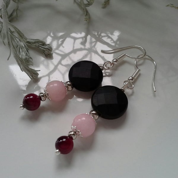 Black Faceted Onyx, Red Tiger's Eye & Pink Quartzite Silver Plated Earrings