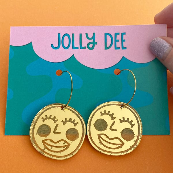 Perfectly imperfect happy face mirror gold hoop earrings, earrings for women