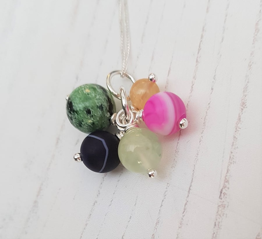Multi Gemstone Agate and Sterling Silver Pendant Necklace