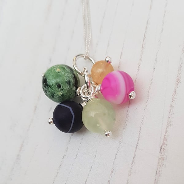 Multi Gemstone Agate and Sterling Silver Pendant Necklace