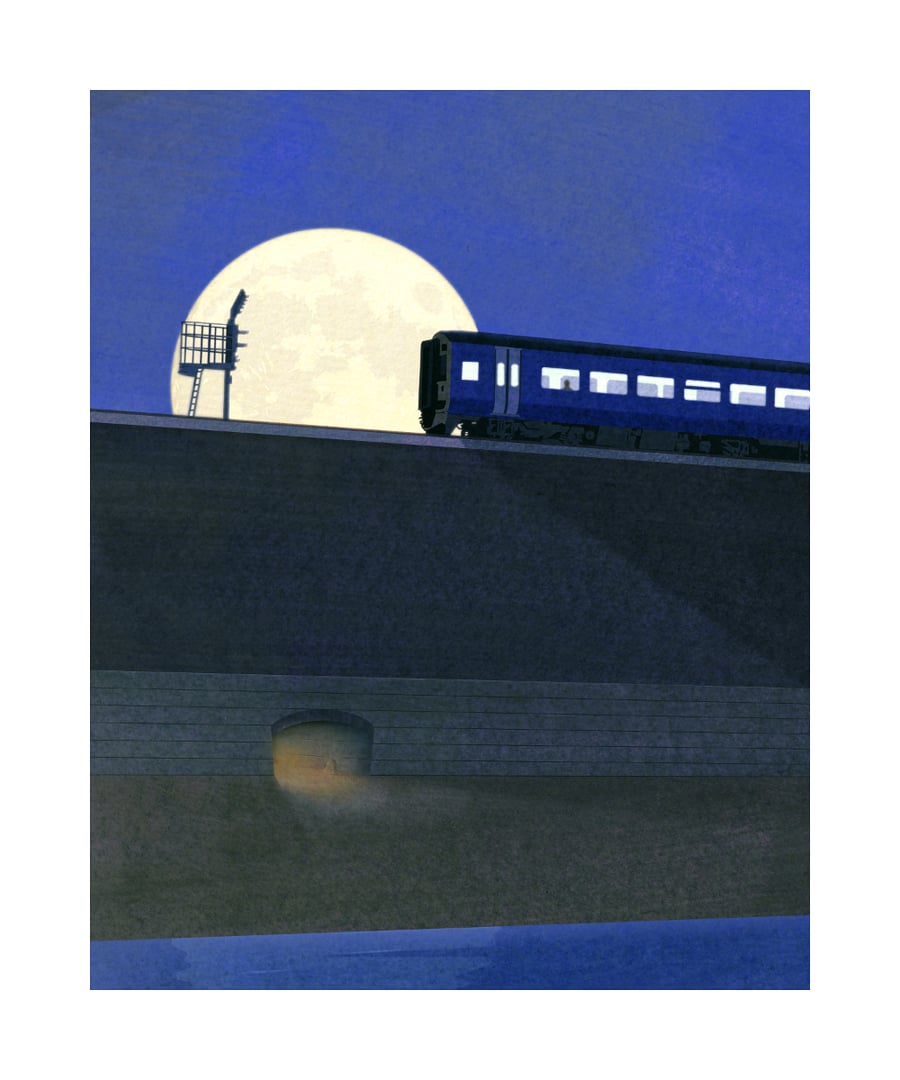 Night Train by the River Don (10" x 12" gouache and digital collage)