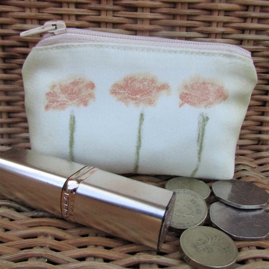 Small purse, coin purse - pale yellow with three orange flowers